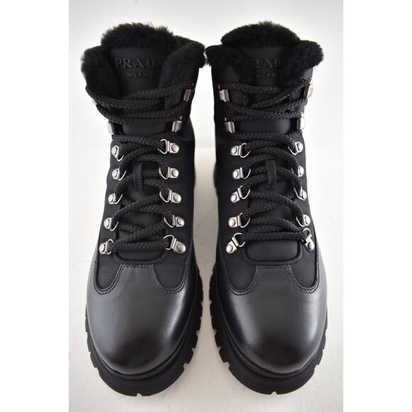 Prada Brixxen 38 Black Shearling Leather Nylon Lug Sole Lace Up Hiking Boot 40.5 - Picture 8 of 16